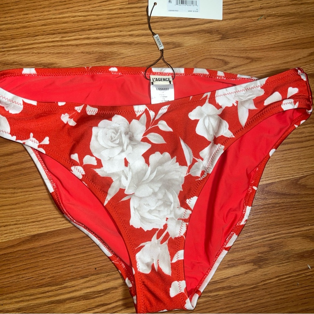 L'AGENCE Red and White Floral Bikini Bottom
